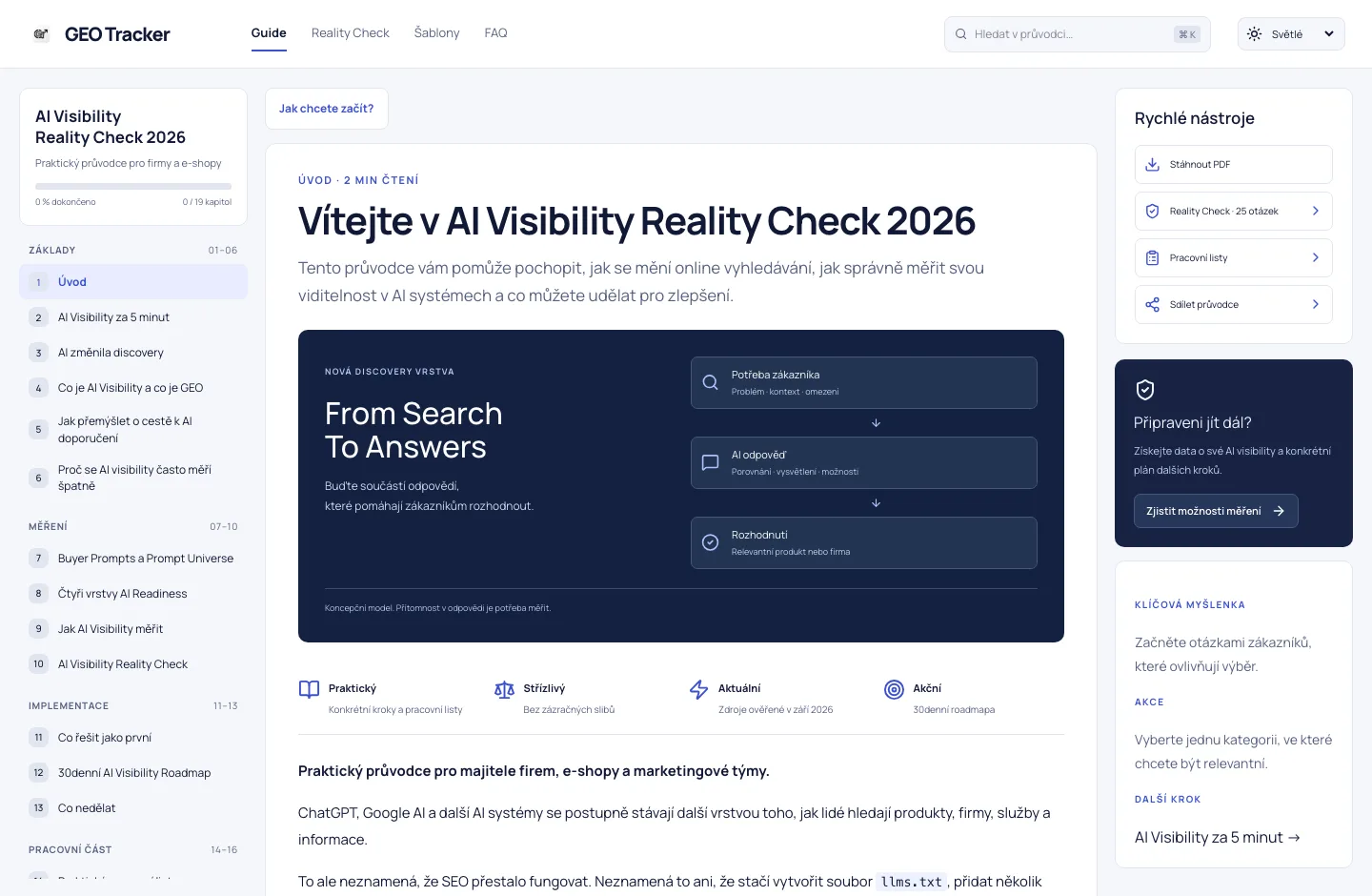 Čtečka AI Visibility Reality Check s obsahem, článkem a praktickými nástroji