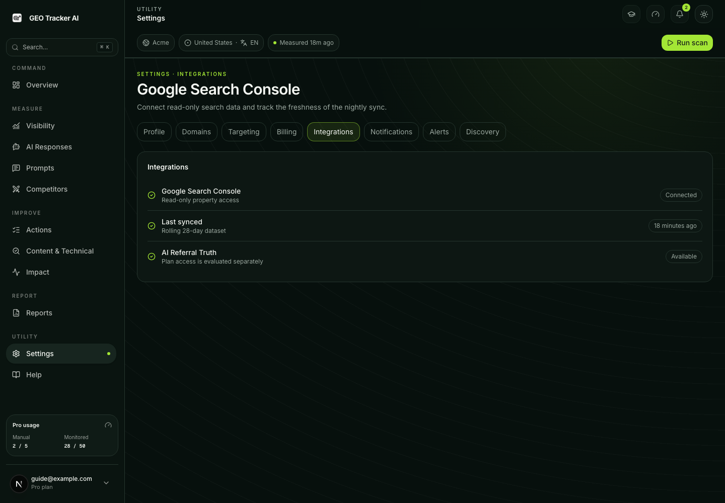 Settings Integrations showing the Google Search Console connection state