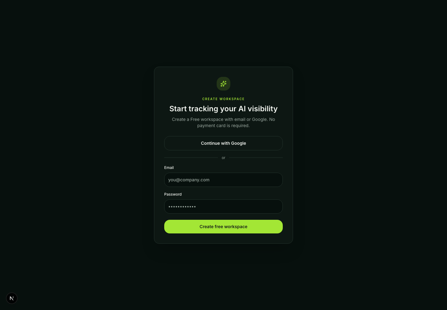 GEO Tracker AI signup form with Google and email registration options