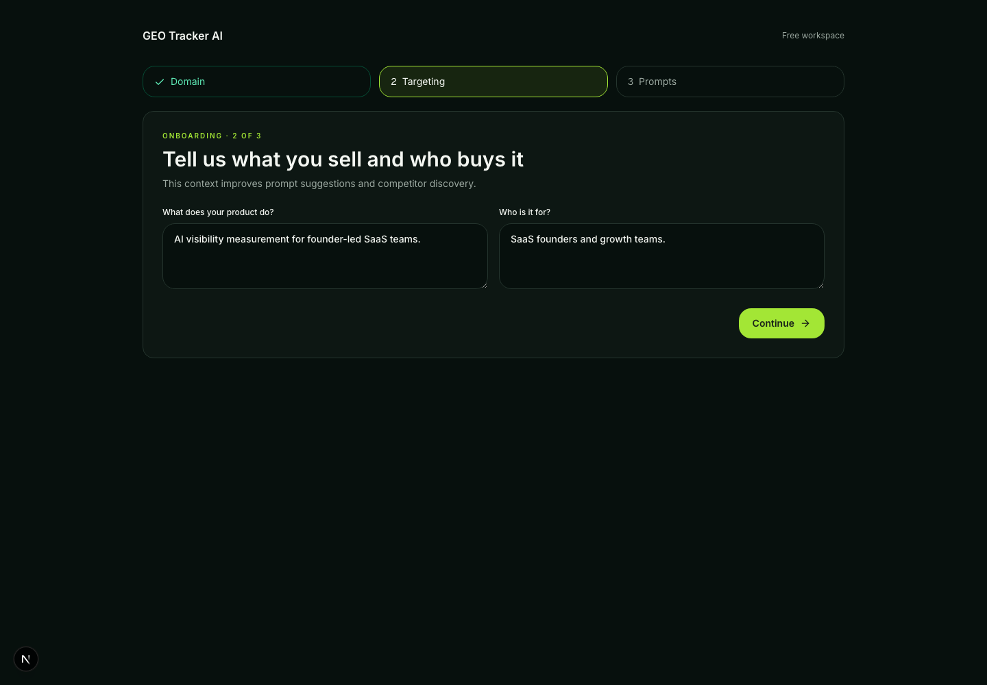Targeting step of onboarding with product, buyer, market and topic fields