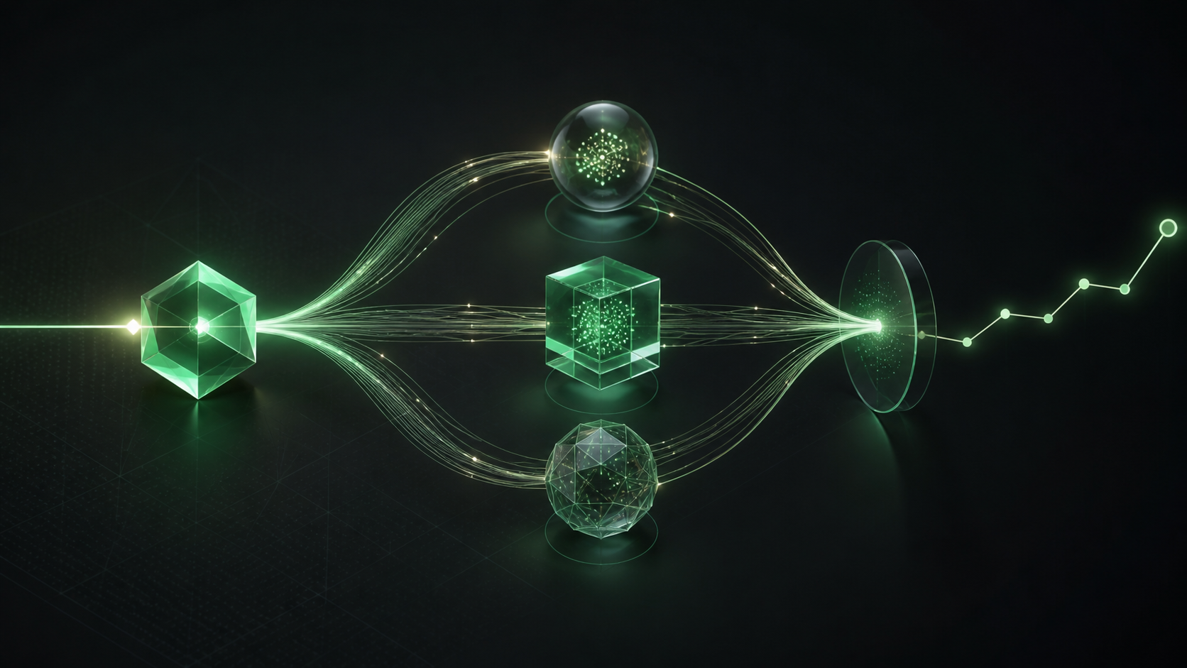 Abstract emerald signal branching across three AI answer surfaces and converging into a measured trend line.