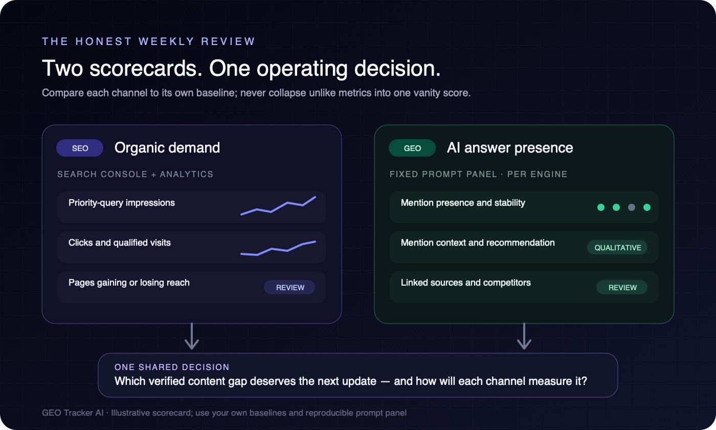 Illustrative weekly scorecard pairing organic demand metrics with AI answer presence and one shared content decision.