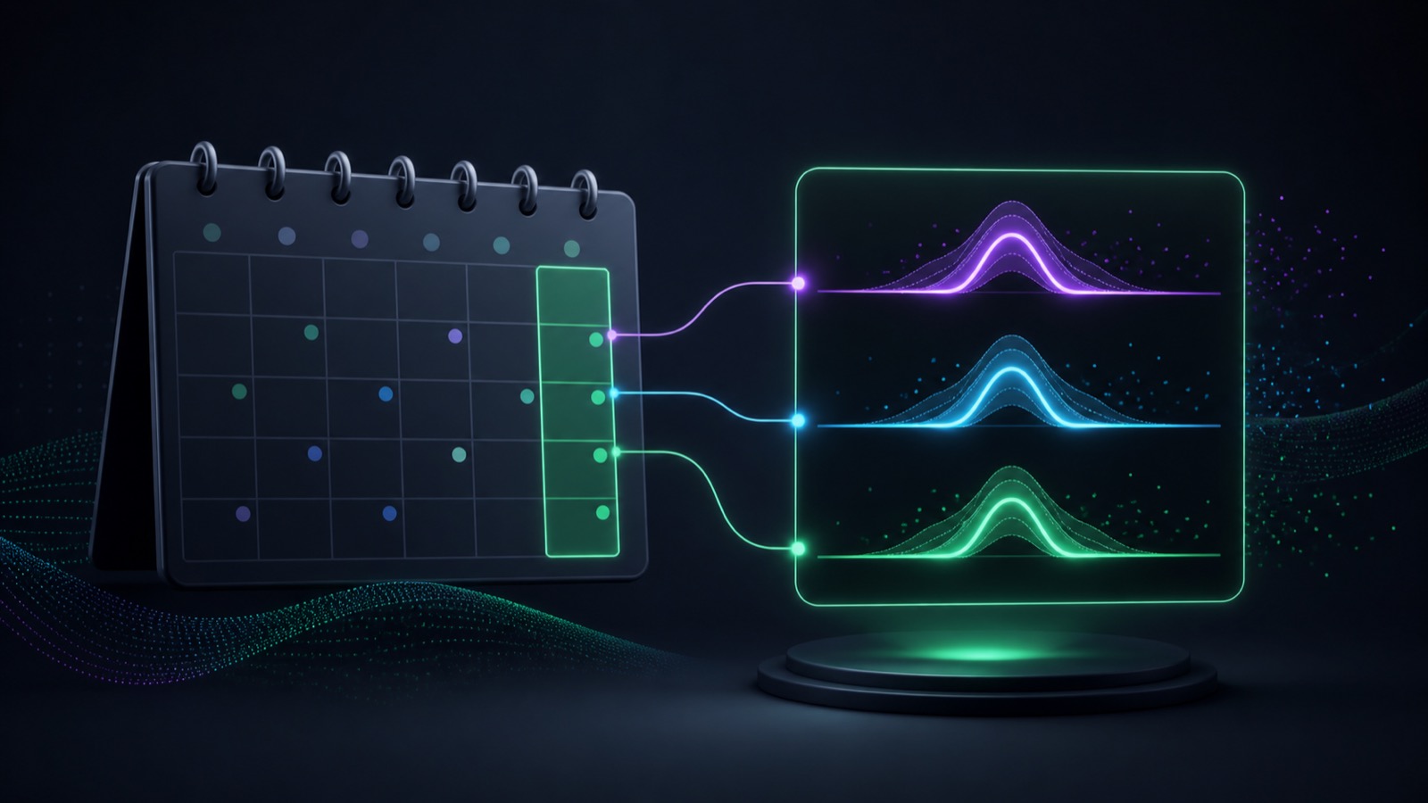 A weekly calendar signal is distilled into three repeated AI-answer observations and a clearer trend panel.