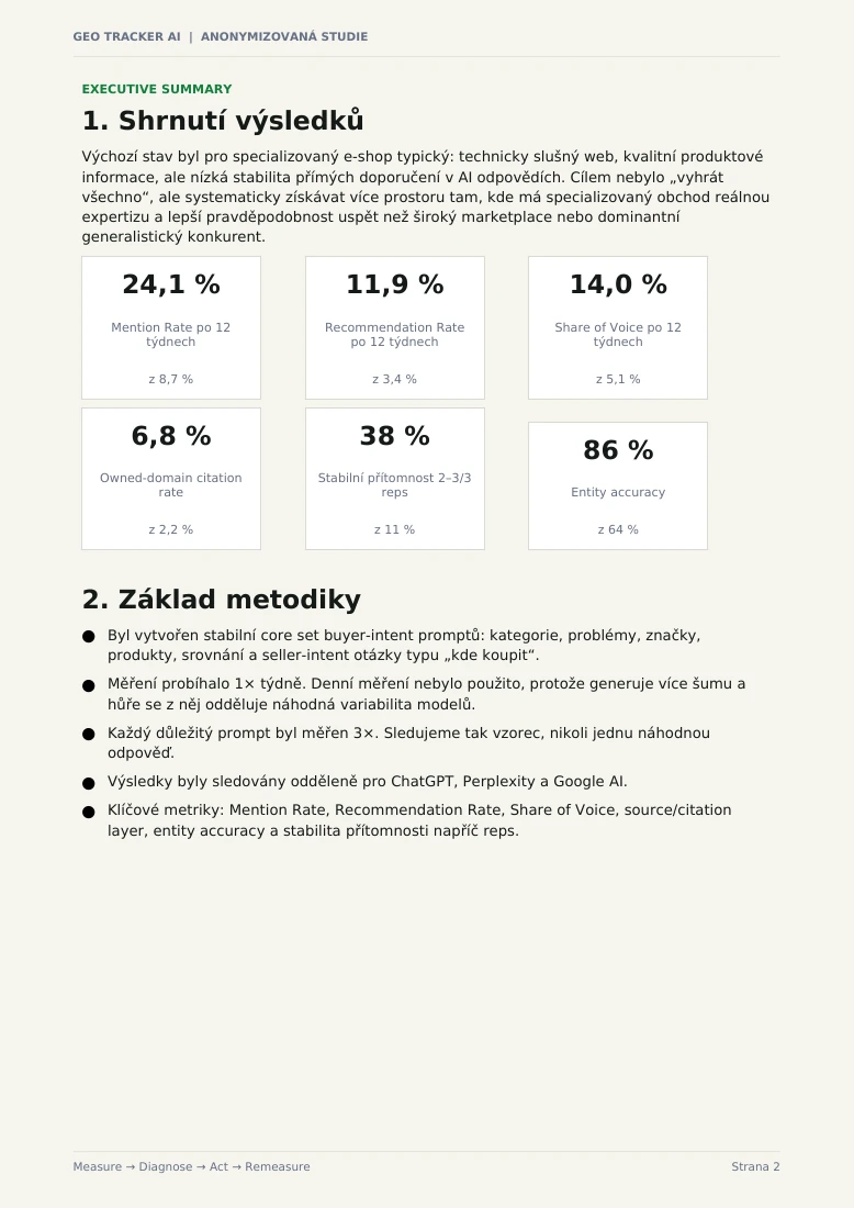 Původní strana 2 studie: shrnutí šesti výsledků a popis metodiky měření.
